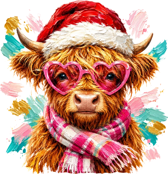 Vaca de las Tierras Altas con gorro de Papá Noel — Transfer DTF