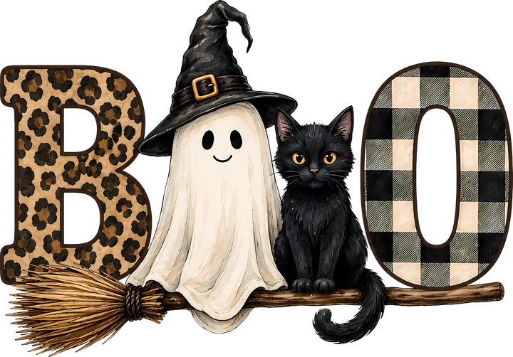 Ghost and Cat on Broomstick DTF Transfer