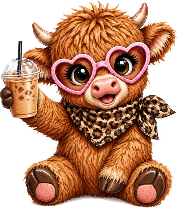 Cute Highland Cow with Coffee DTF Transfer