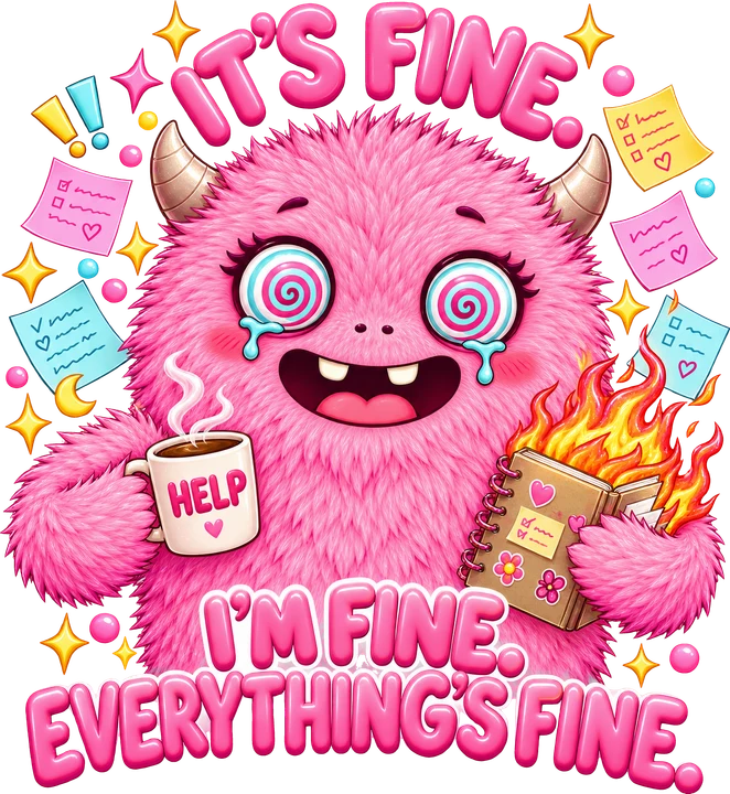 Pink Monster Holding Coffee and Book DTF Transfer