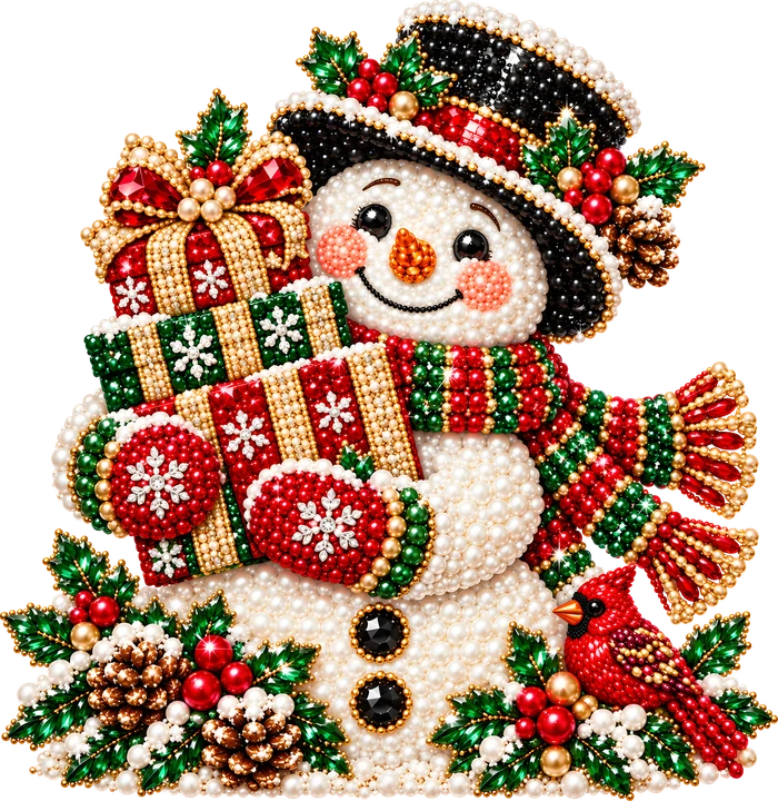 Muñeco de nieve con regalos y un verderón — Transfer DTF