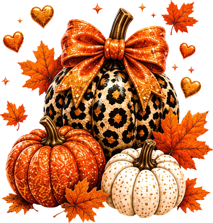 Leopard Print Pumpkin with Bow and Autumn Leaves DTF Transfer