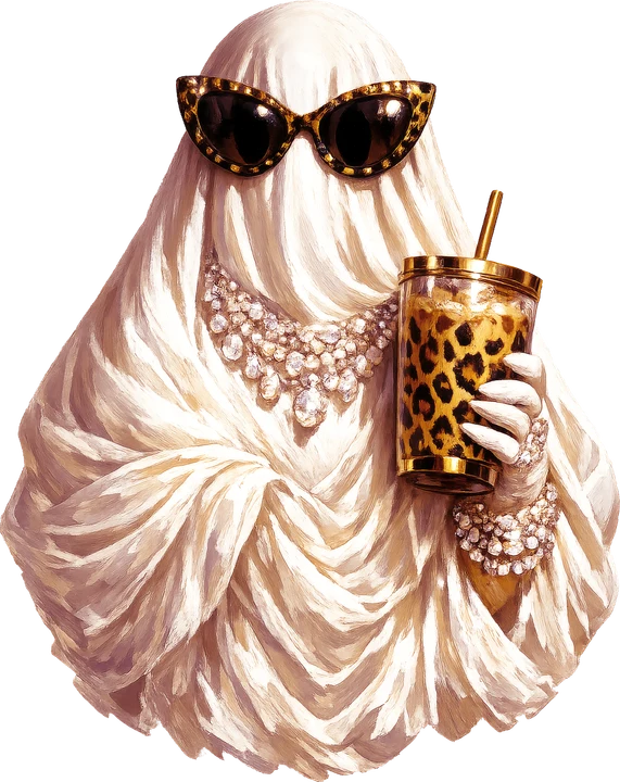 Chic Ghost with Leopard Drink DTF Transfer