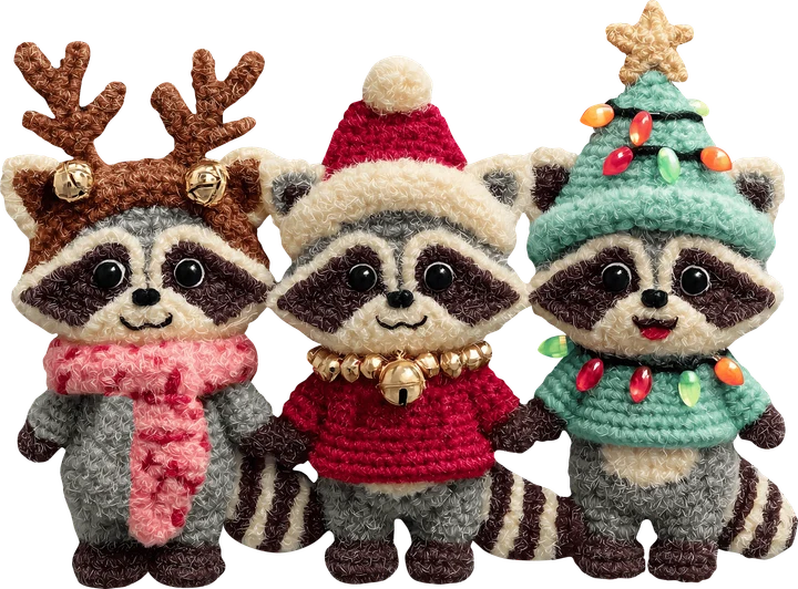 Three Raccoons in Holiday Hats DTF Transfer