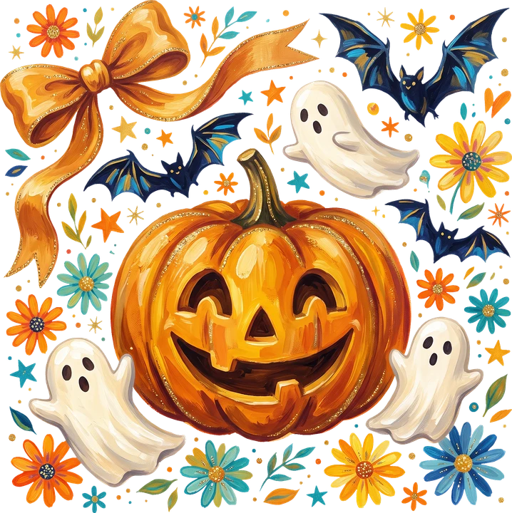 Bí ngô Halloween vui vẻ với hình ảnh ma và dơi — Hình in chuyển nhiệt DTF