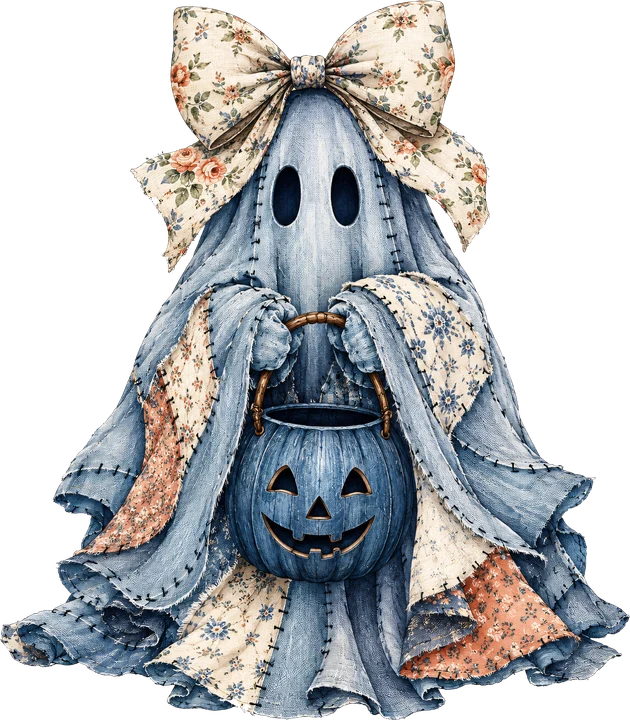 Denim Ghost with Floral Bow DTF Transfer