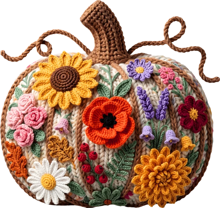 Isang gawang-crochet na kalabasa na may makukulay na bulaklak — DTF Transfer