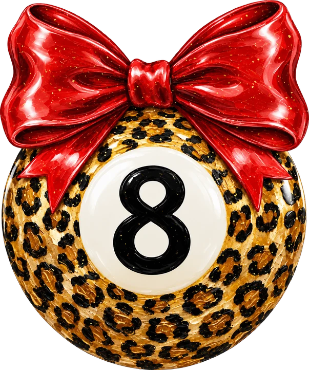 Leopard 8 Ball with Red Bow DTF Transfer