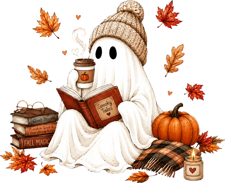 Cozy Ghost Reading Spooky Tales DTF Transfer