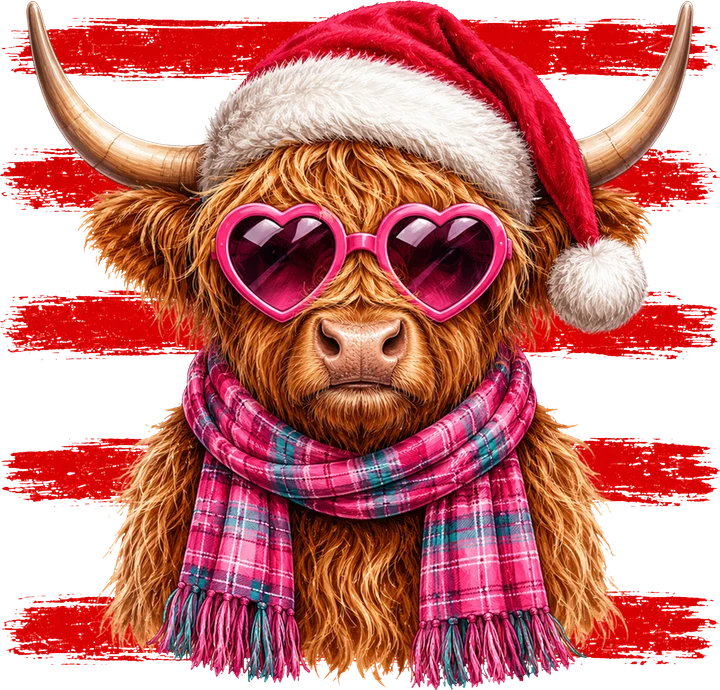 Vaca de las Tierras Altas de Escocia con un gorro de Papá Noel — Transfer DTF