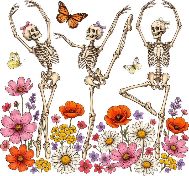 Ballet Skeletons Among Flowers DTF Transfer