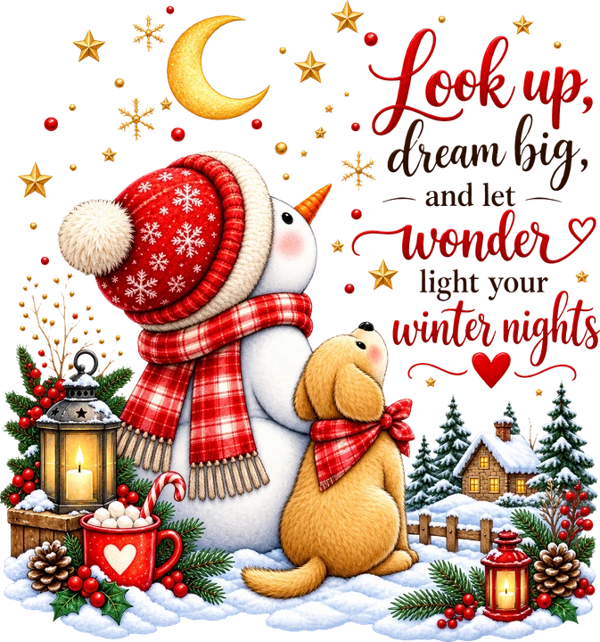 Snowman and Puppy Winter Scene DTF Transfer