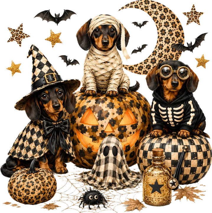 Cute Dachshunds in Halloween Costumes DTF Transfer