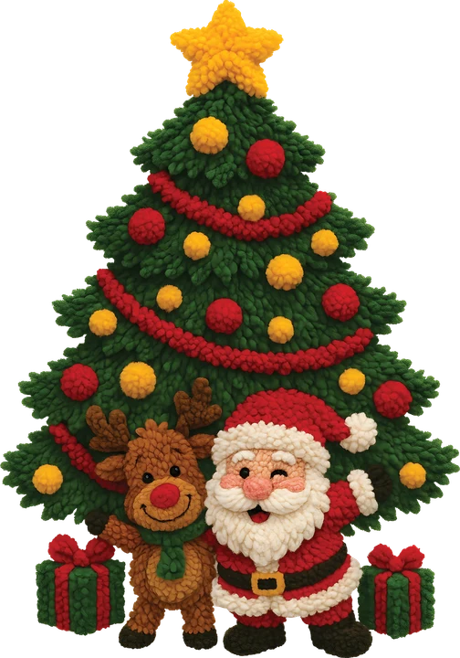 Ông già Noel và những chú hươu cùng cây thông — Hình in chuyển nhiệt DTF