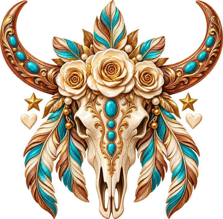 Bull Skull with Feathers DTF Transfer