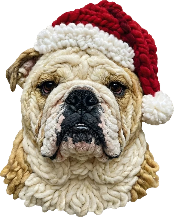 Bulldog in Crochet Santa Hat DTF Transfer
