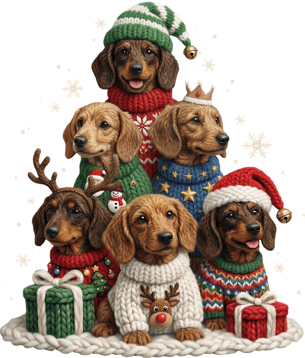Cachorros de teckel con suéteres navideños — Transfer DTF