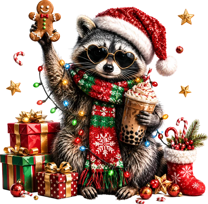 Raccoon with Holiday Treats DTF Transfer