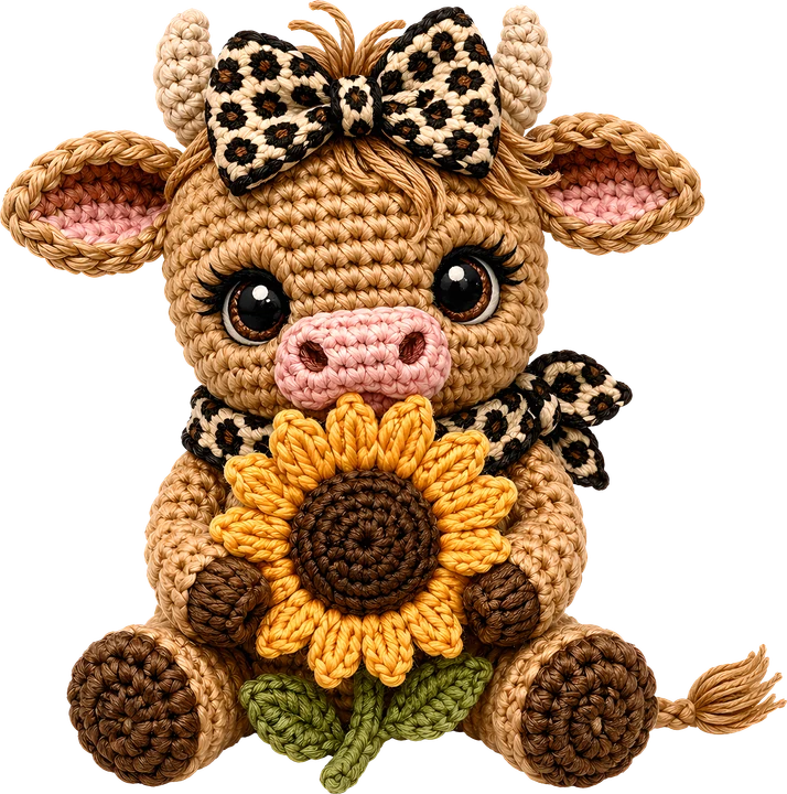 Crochet Cow with Sunflower DTF Transfer