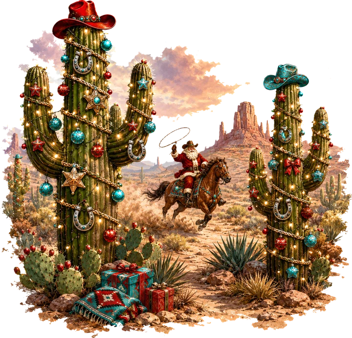 Santa Riding Through Desert Cacti DTF Transfer