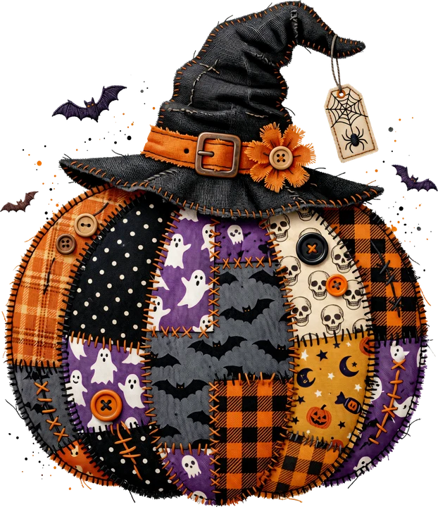 Sombrero de bruja de patchwork con motivos de calabazas — Transfer DTF