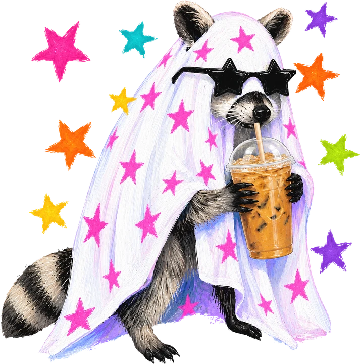 Fantasma de mapache con café helado — Transfer DTF