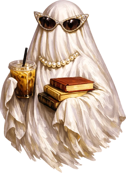 Chic Ghost with Books and Drink DTF Transfer