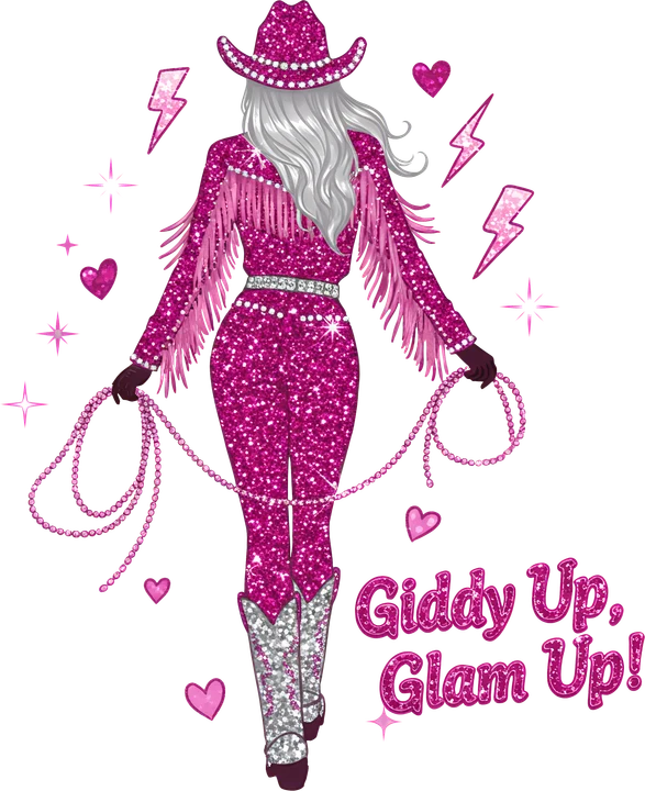 Babaeng may suot na kasuotan ng cowgirl, kulay rosas, na may markang "Giddy Up, Glam Up!" — DTF Transfer