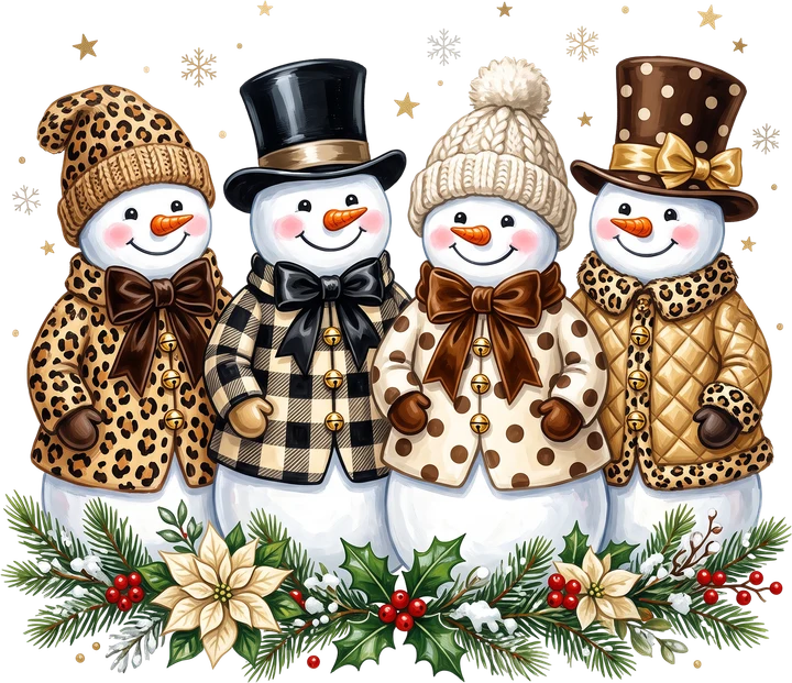 Muñecos de nieve con abrigos festivos — Transfer DTF