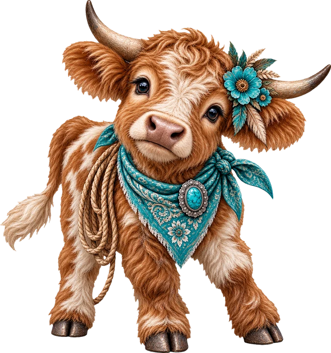 Cute Cow with Turquoise Bandana DTF Transfer