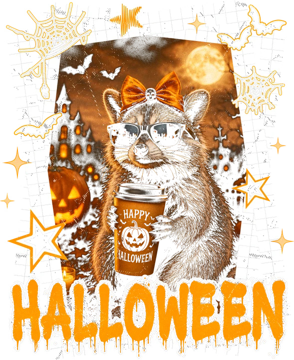 Cute Raccoon with Pumpkin Coffee DTF Transfer