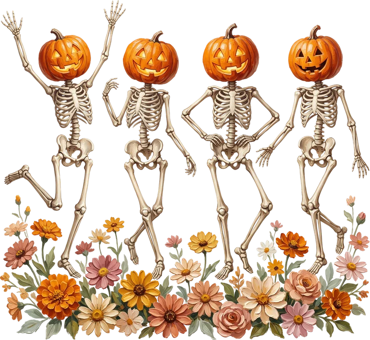 Calabazas esqueléticas bailando — Transfer DTF