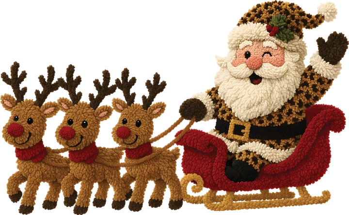 Santa Claus con un traje de leopardo y tres renos — Transfer DTF