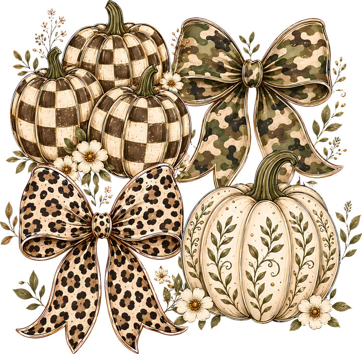 Checkered Pumpkins and Patterned Bows DTF Transfer