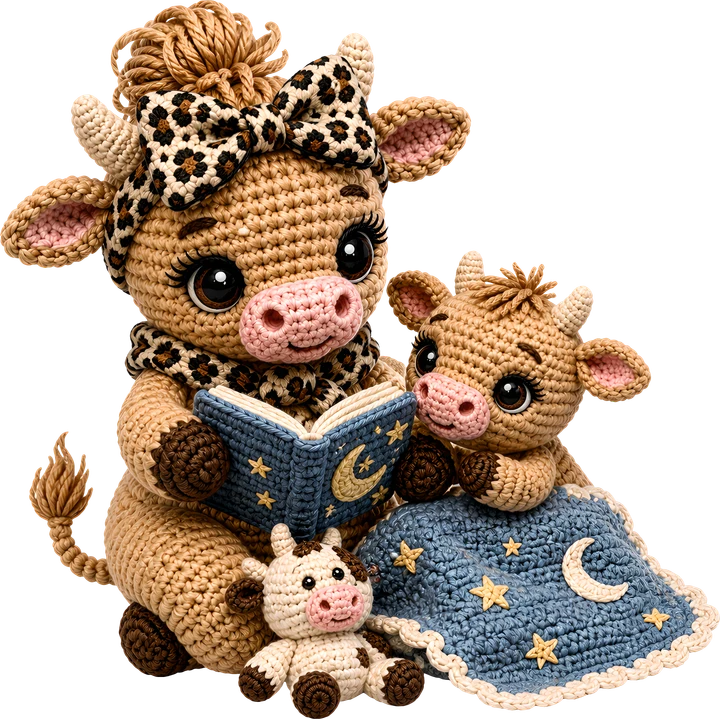 Crochet Cow Reading Story DTF Transfer
