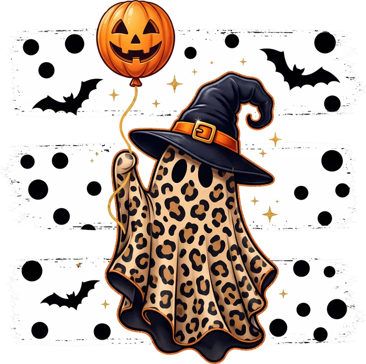 Leopardo fantasma con globo de calabaza — Transfer DTF