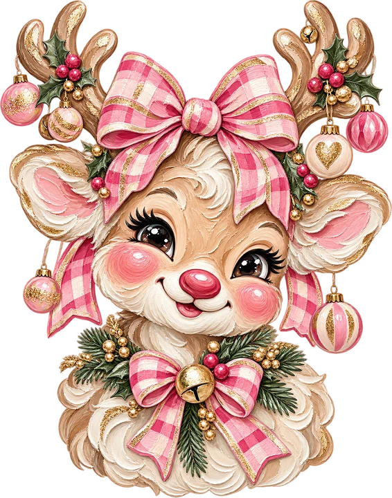 Pink Reindeer with Bow DTF Transfer