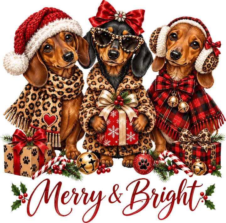 Three Dachshunds in Festive Outfits DTF Transfer