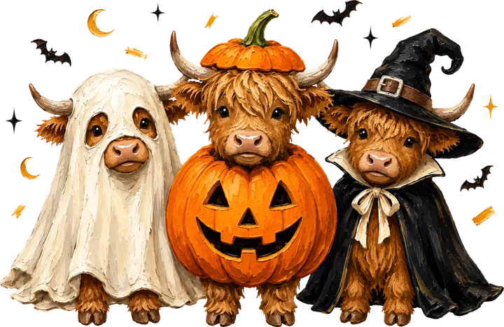 Tatlong Highland Cow na nakasuot ng mga kasuotan para sa Halloween — DTF Transfer