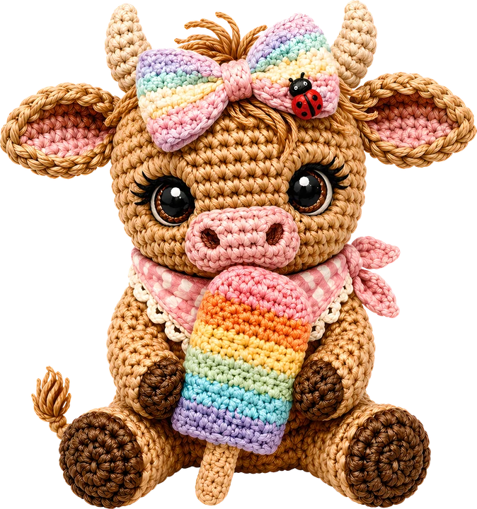 Crochet Cow with Rainbow Pop DTF Transfer