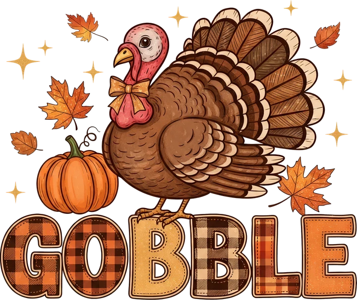 Turkey with Bow and Pumpkin DTF Transfer