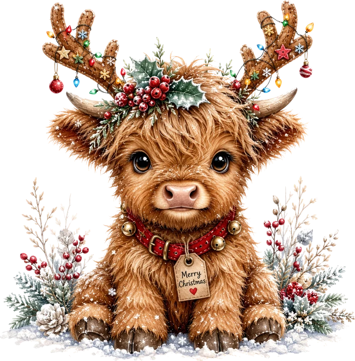 Vaca de las Tierras Altas, adorable y con astas decorativas para las fiestas — Transfer DTF