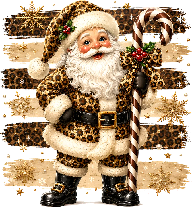 Papá Noel con estampado de leopardo y bastón de caramelo — Transfer DTF