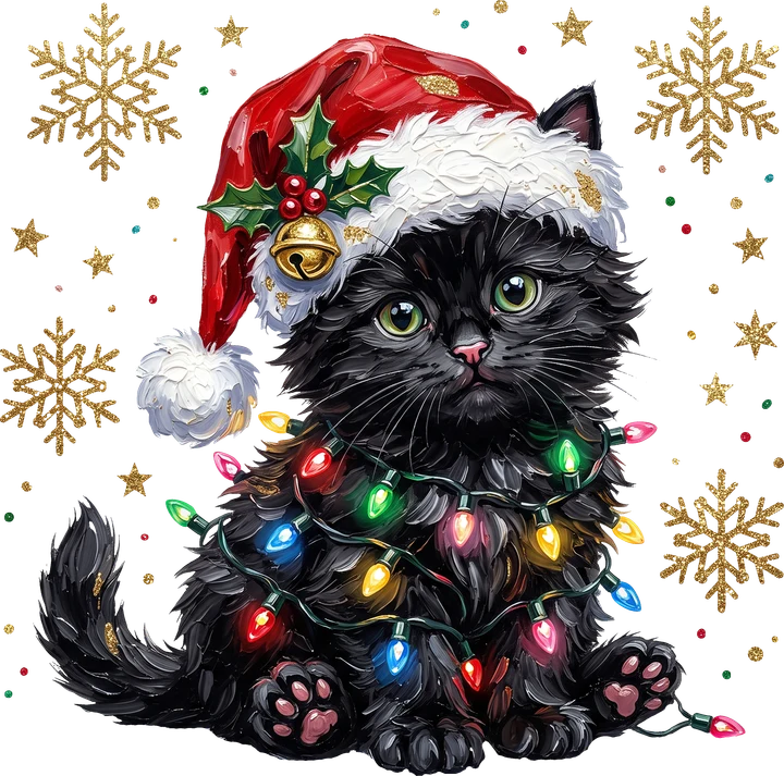 Black Cat in Santa Hat DTF Transfer