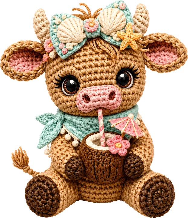 Crochet Cow with Coconut Drink DTF Transfer