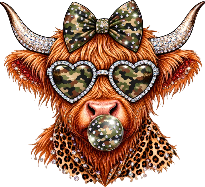 Highland Cow with Camo Accessories DTF Transfer