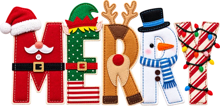 Merry Christmas with Character-Decorated Letters DTF Transfer