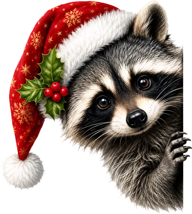 Mapache con gorro de Papá Noel y adornos navideños — Transfer DTF