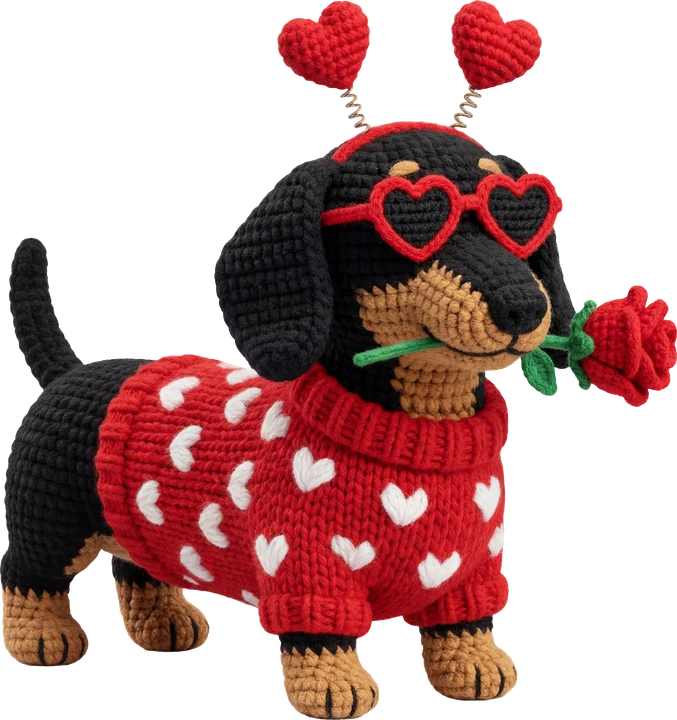 Chó Dachshund mặc áo len đỏ hình trái tim — Hình in chuyển nhiệt DTF