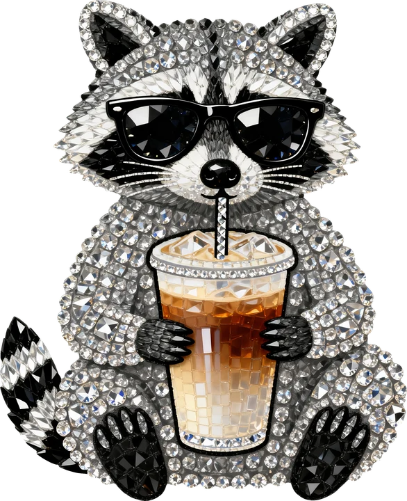 Sparkly Raccoon with Iced Coffee DTF Transfer